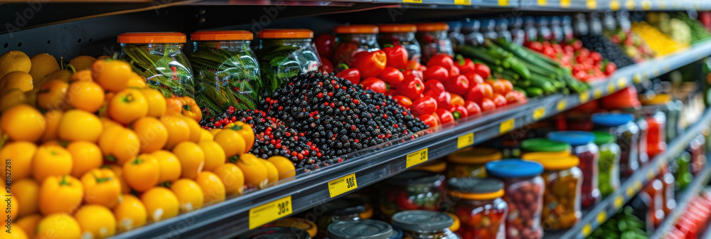 Supermarket aisle and Fresh vegetables on the shelf, with colorful shelves, diverse assortment of products.