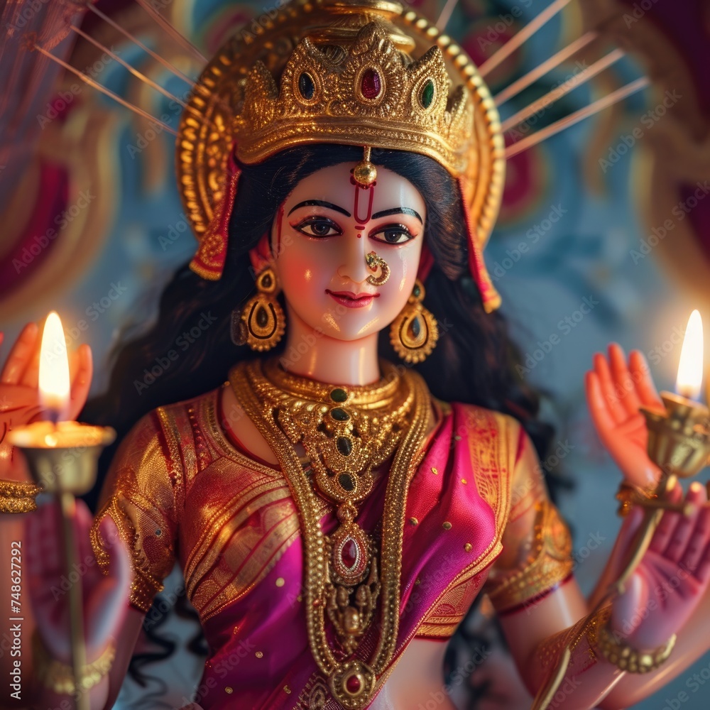 Beautiful Hindu Goddess Durga with Wicks and Vase