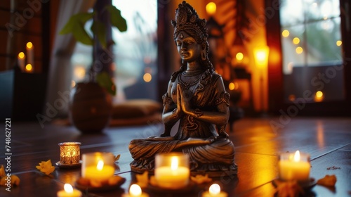 Serene Meditation Room with Buddha Statue and Lighted Candles. Fictional Character Created By Generated By Generated AI. photo