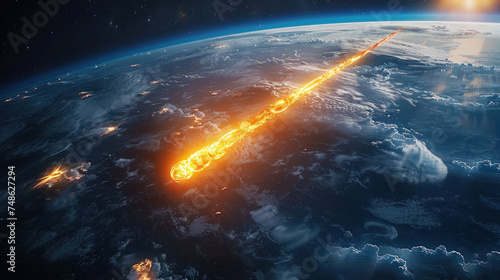 The meteorite is approaching the planet, Burning exploding asteroids from deep space are approaching planet Earth. View from outer space