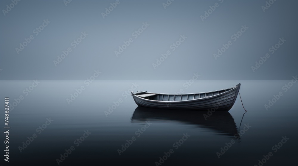a small boat floating on top of a large body of water on a foggy day in the middle of the ocean.