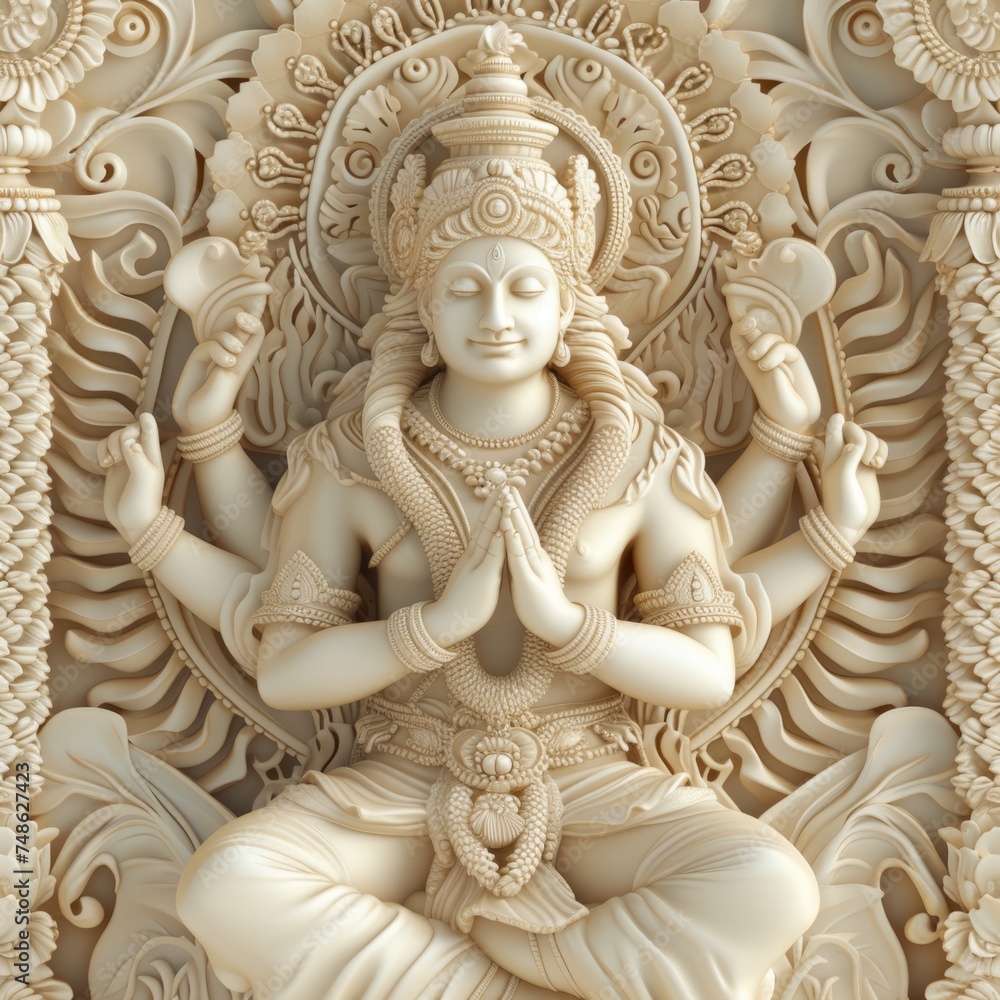 An intricately carved white statue of the Hindu deity Lord Vishnu. Fictional Character Created By Generated By Generated AI.
