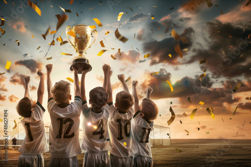 Kids in a sports team raise a golden trophy. Boys have fun in a football team. Children celebrate winning sports championships. A group of anonymous soccer players celebrate success
