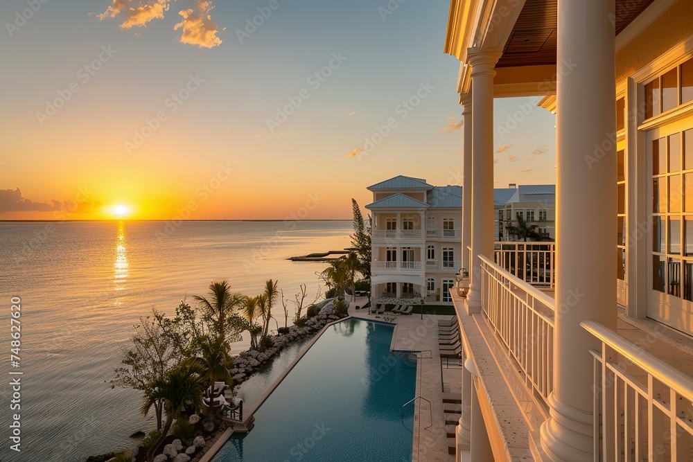 A lavish resort featuring balconies overlooking the ocean, providing stunning views of the shimmering waters during sunset - obrazy, fototapety, plakaty 