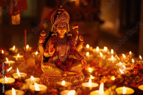 Deity statue with multiple candles surrounding it