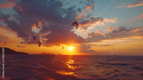 Silhouette people kitesurfing sunset clouds. Koh Pha