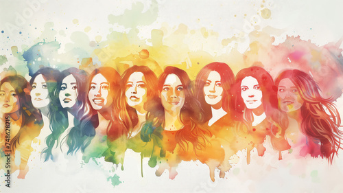 Happy Women's Group Celebrating International Women’s Day Together, Watercolor Style Illustration Created by Generative AI