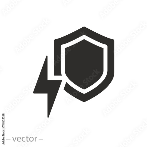 electricity safety icon, surge protection, shield of overload, current shock safe, flat symbol on white background - vector illustration