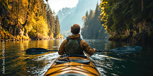 A kayaker paddles through a serene mountain lake surrounded by steep cliffs and forest.