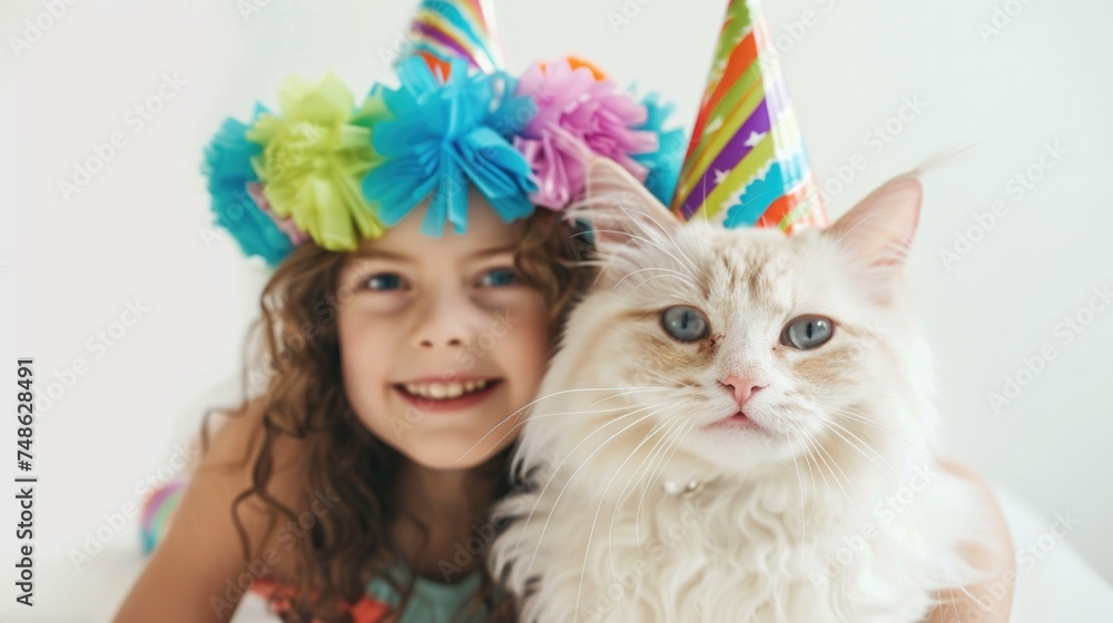 Girl and cat enjoying a party. A joyful girl and her cat are all smiles, wearing party hats in a festive celebration. Birthday celebration