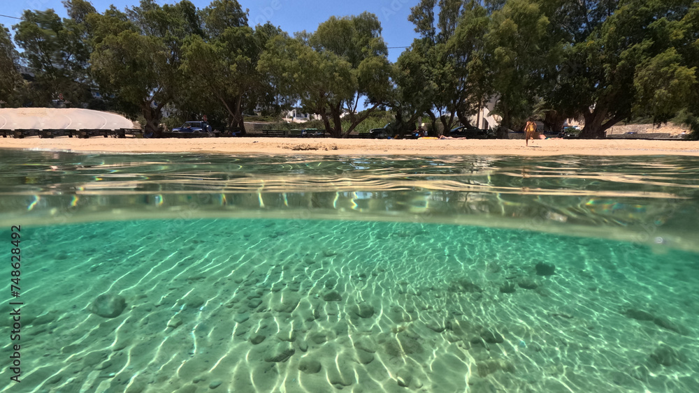Fototapeta premium Underwater split photo of paradise crystal clear sea beach of Agios Georgios in main port of Irakleia island covered in Armirikia trees providing natural shade, small Cyclades, Greece