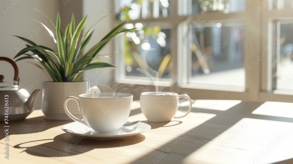 a coffe cup and tea on a table in a cafe, a coffe cup and tea on a table in a cafe,