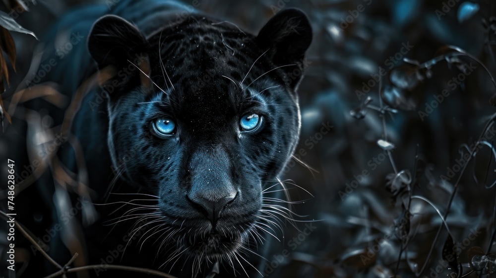 a close up of a black tiger with blue eyes and a blurry background of grass and plants with leaves.