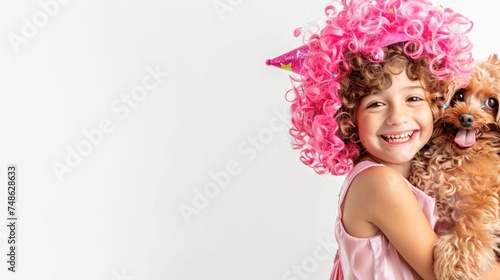 Girl and dog enjoying a party. A joyful girl and her dog are all smiles, wearing party hats in a festive celebration. Birthday celebration