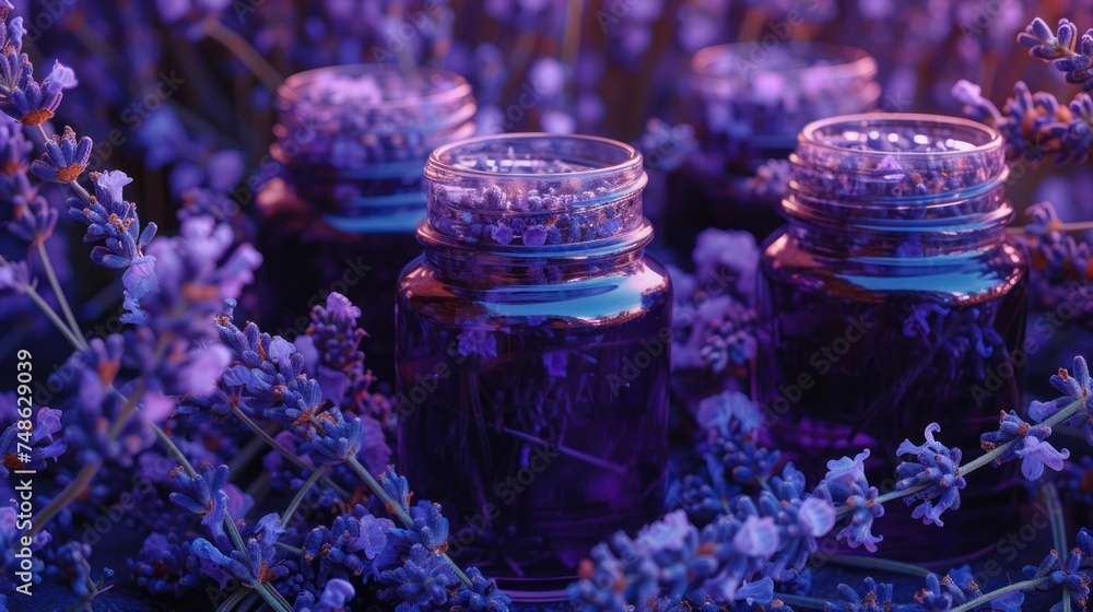 a group of jars filled with lots of purple flowers on top of a purple blanket of purple and white flowers. a group of jars filled with lots of purple flowers on top of a purple blanket of purple and white flowers.