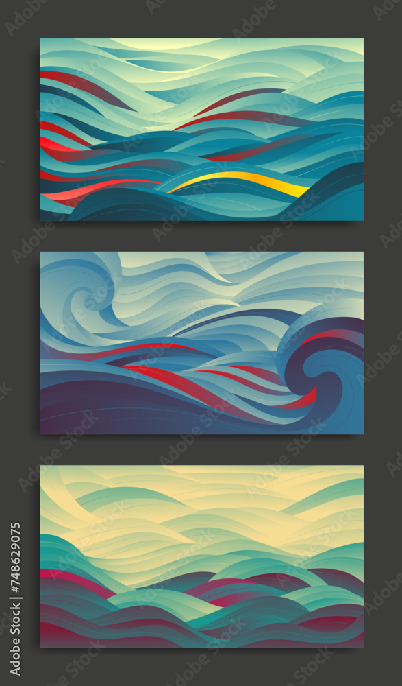 A set of abstract seascapes. Multi-layered, gradient art. For decoration, background, etc.
