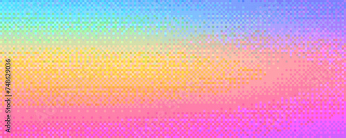 Pixelated rainbow holographic blurred gradient background with dithering effect. Colorful pixel art mosaic texture in summer tones. Vintage retro video game background. Vector illustration in 8-bit