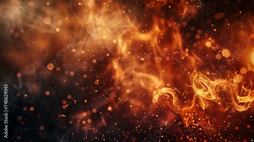 Fire flames with particles, sparks, and smoke at the edges on a dark background. Copy space.