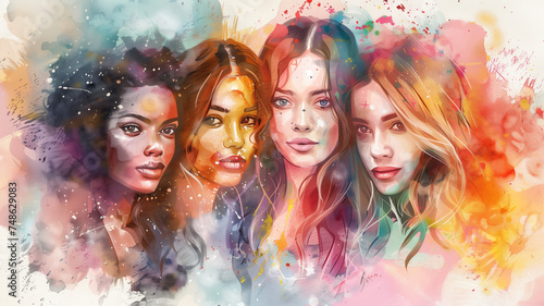Happy Women's Group Celebrating International Women’s Day Together, Watercolor Style Illustration Created by Generative AI © Pavithiran