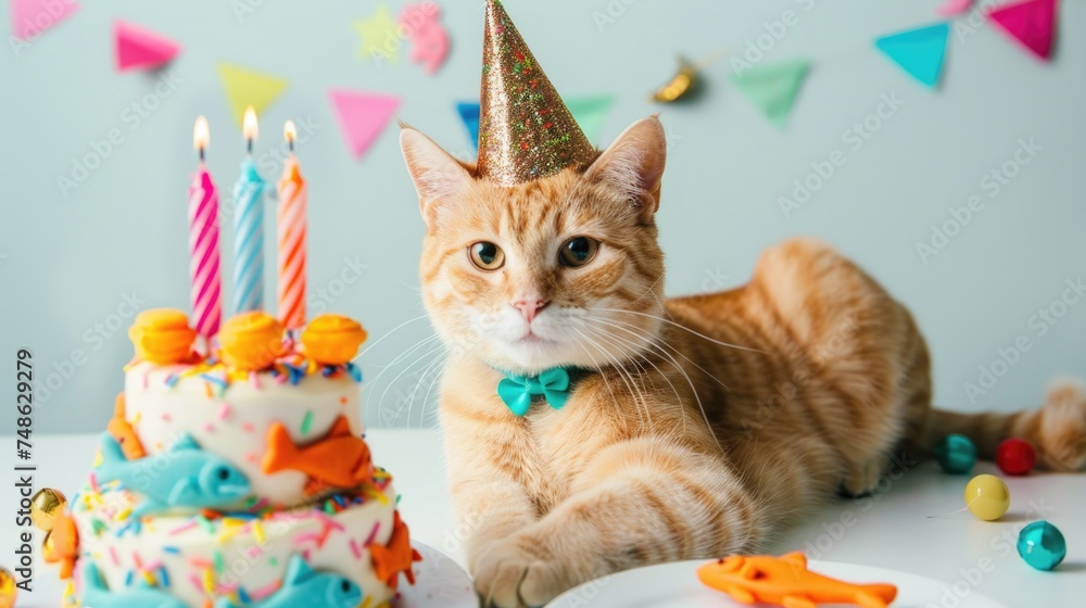 Birthday cat celebration. Adorable cat with birthday cake Birthday cat celebration. Adorable cat with birthday cake