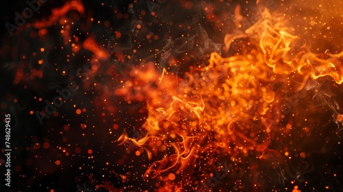Fire flames with particles, sparks, and smoke on a dark background at the edges. Copy space.