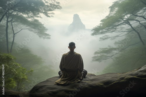 Monk meditating sits on a mountain near a misty valley with copy space. Generative AI.