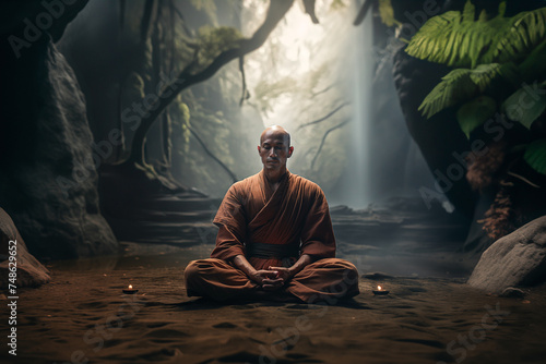 Young Buddhist monk with hands in meditation posture in the forest with sun light in the background. Generative AI.