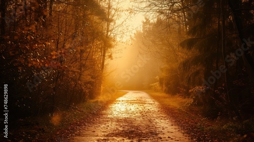 a dirt road in the middle of a forest with trees on both sides of it and the sun shining through the trees.