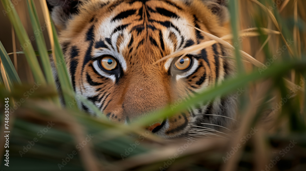Fototapeta premium Stealthy Tiger Gazing from the Grass Patch. Generative AI.