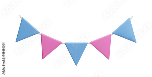 3D pink and blue flag garland isolated on white. Boy or girl baby shower party decoration banner. Happy birthday party hanging bunting festoon. Anniversary celebration 3D triangle flags.