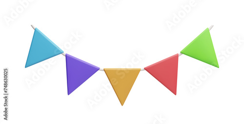 Colorful 3D flag garland hanging decoration. Birthday party, holiday carnival festival, congratulation celebration decor element isolated on white. Realistic render 3D flag garland bunting vector.