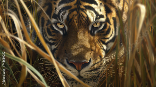 Stealthy Tiger Gazing from the Grass Patch. Generative AI. © Yerjung