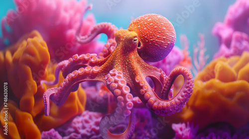Vivid Underwater Snapshot of Octopus in Vibrant Seascape. Generative AI.