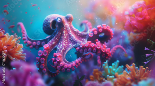 Vivid Underwater Snapshot of Octopus in Vibrant Seascape. Generative AI. © Yerjung