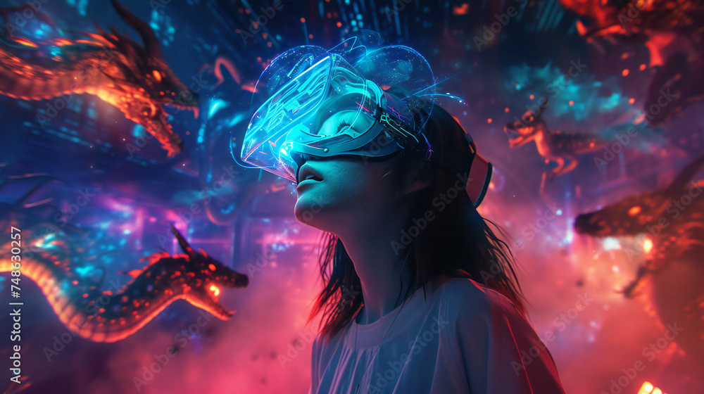 A young girl explores a vibrant virtual reality world, surrounded by majestic dragons. This image is perfect for: virtual reality, gaming, technology, fantasy, innovation.