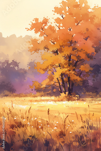 Watercolor landscape with a tree and meadow. Autumn illustration for interior or seasonal travel guidebook. Design for a countryside retreat during the fall season. 