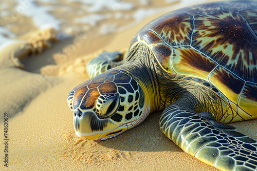 Close-up photo of a sea turtle walking into the sea.