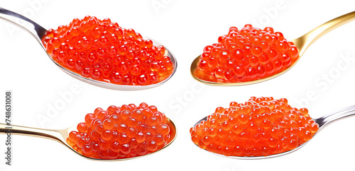 Set of spoons full of delicious salmon caviar, cut out