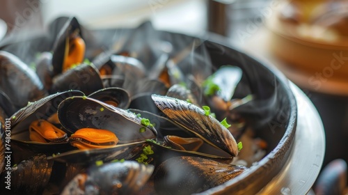 a close up of a bowl of mussels with garnishes on top of the mussels. photo