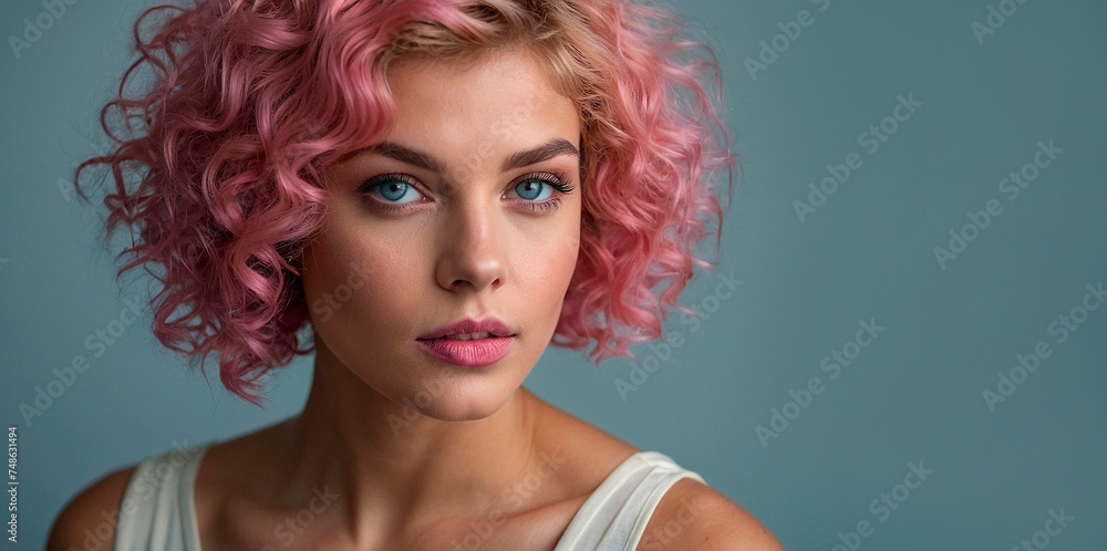 Beautiful young caucasian woman with short curly bob hairstyle dyed in pink color with closed eyes against dark blue background with copy space.