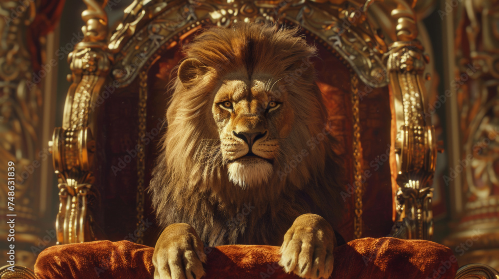 The lion king is sitting on a throne. Symbol of royalty, lord of the animal kingdom.