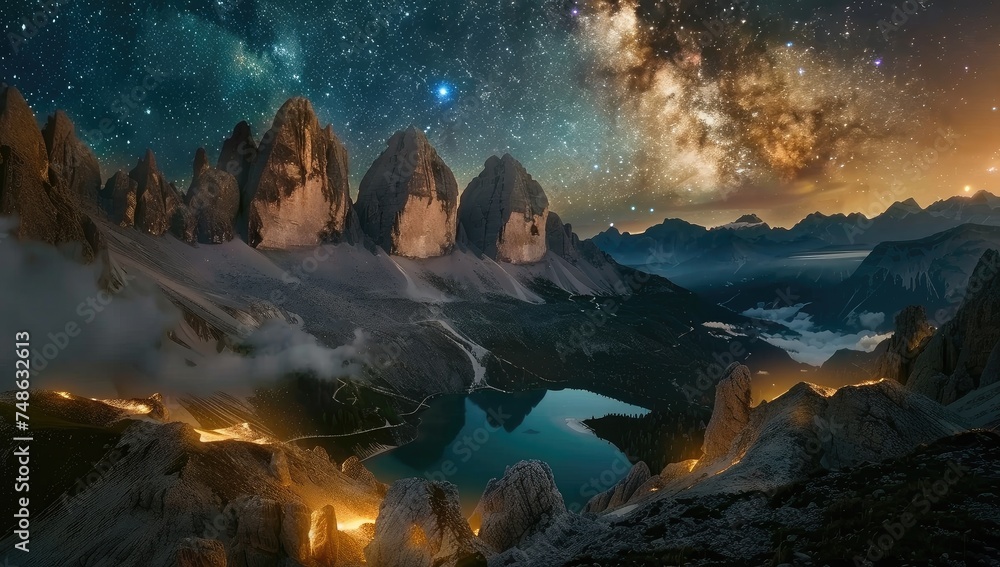 Naklejka premium Mystic Alpine Twilight: A Stylized Digital Mountain Panorama - Generative AI