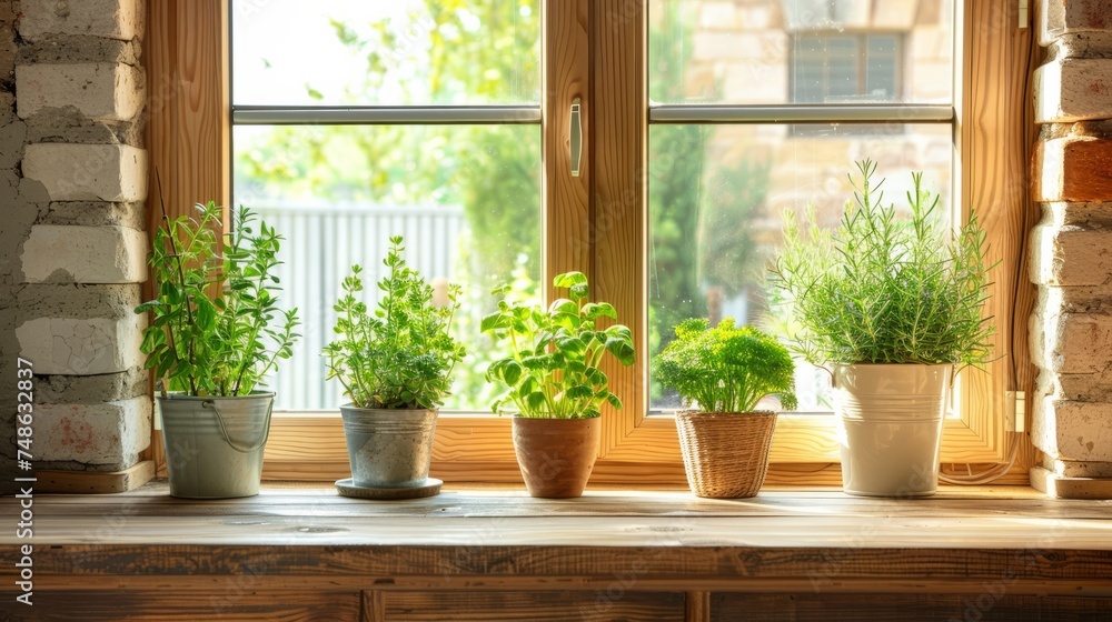Rustic Style Windowsill with Potted Plants Rustic Style Windowsill with Potted Plants