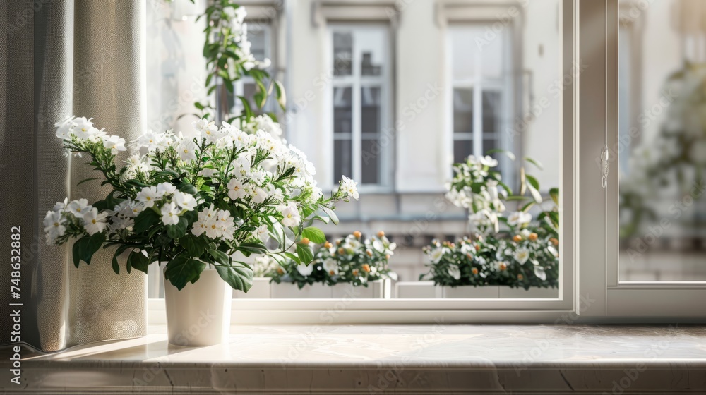 Classic Windowsill with Flowering Plants for Elegance