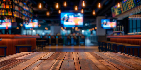 Empty wooden counter in sports bar or pub with blurred TV displays with sporting events at the bar background