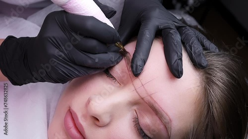 The master of permanent makeup works strictly according to the sketch drawn on the eyebrows. Permanent makeup procedure, performing PMU of eyebrows