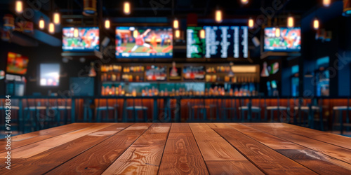 Empty wooden counter in sports bar or pub with blurred TV displays with sporting events at the bar background