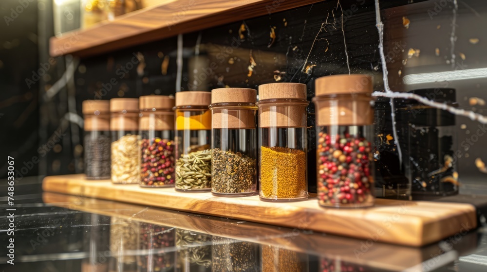 Elegant Glass Spice Jars on Luxurious Kitchen Shelf Elegant Glass Spice Jars on Luxurious Kitchen Shelf