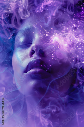 A girl's face immersed in smoke and in her thoughts. Purple light and smoking effects. Breathing control and focus on the positive aspects of life.