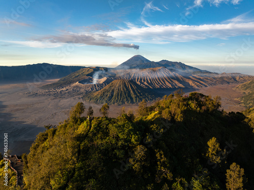 Aerial drone view of Bromo active volcano with Kingkong hill viewpoint, Tengger Semeru national park, East Java, Indonesia